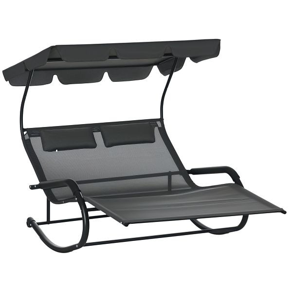 Outsunny Doppel-Sonnenliege für 2 Personen, inkl. Kissen u. Baldachin, 200 cm x 139 cm x 140 cm, Dunkelgrau, 84G-080V00CG