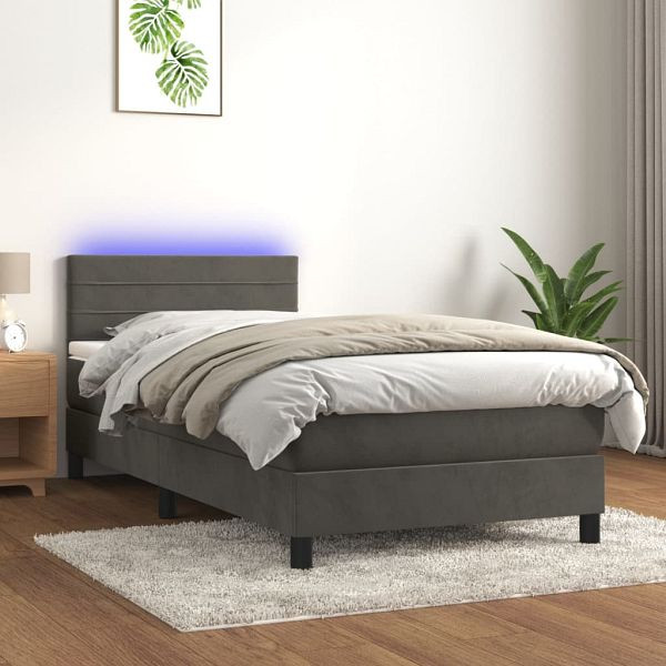 vidaXL Boxspringbett mit Matratze & LED Dunkelgrau 90x200 cm Samt, 3134442