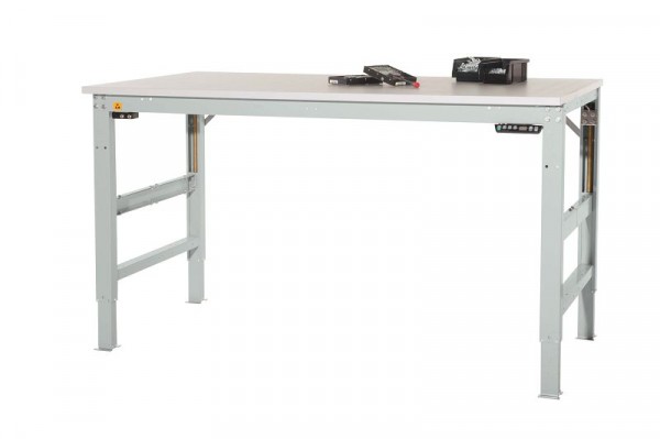 Manuflex ESD-Arbeitstisch UNIVERSAL ERGO E Memory mit Kautschukplatte, BxTxH = 1500 x 800 x 722-1002 mm, Lichtgrau, LU9553.7035
