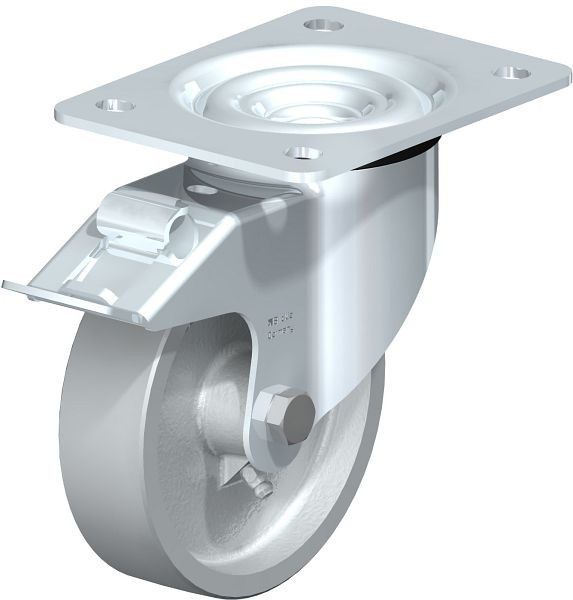 Blickle LK-G 125G-3-FI Stahlblech-Lenkrolle, schwere Ausführung, mit Anschraubplatte & Feststeller, Guss, Grau, 648956
