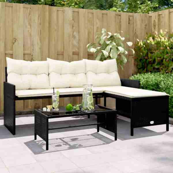 vidaXL Gartensofa in L-Form mit Tisch und Kissen Schwarz Poly Rattan, 365571