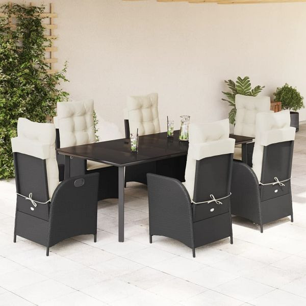 vidaXL 7-teilig Garten-Essgruppe mit Kissen Schwarz Poly Rattan, 3213171