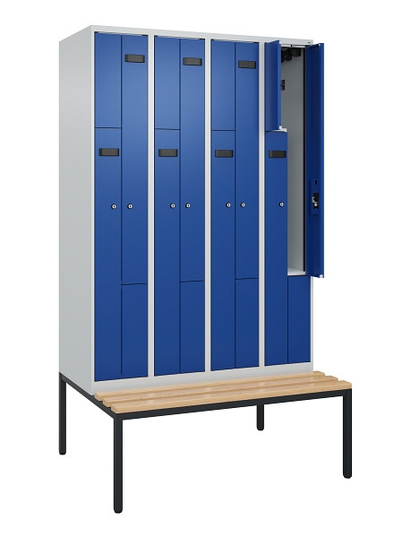 C+P Z-Spind Evolo PLUS, 8 Fächer, 2120x1200x815mm, 7035/5010, Zylinderschloss, Material Sitzfläche Buche-Hartholz, Sitzbank, 0490537-408 S10036