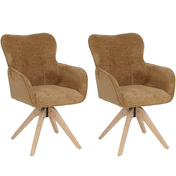 Mendler 2er-Set Esszimmerstuhl HWC-Q35, Küchenstuhl Armlehne drehbar Auto-Return, Stoff Chenille (680g/m²) Holz MVG, senfgelb, 130704