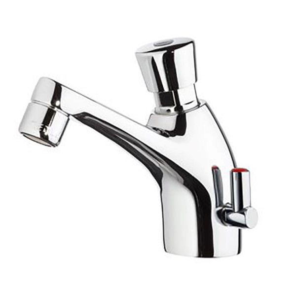 Gastro-Inox Mischbatterie mit wassersparender Druckknopfsteuerung, kurzer Auslauf oben, 402.602