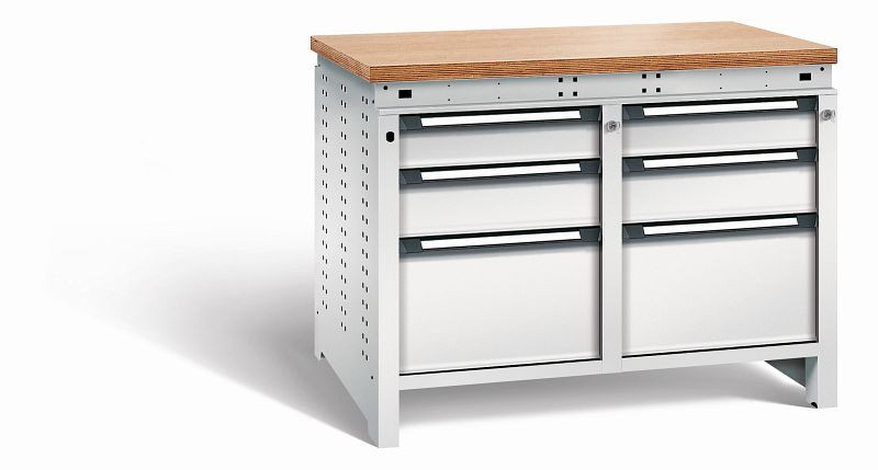 Otto Kind Werkbank Serie function Typ 215, Multiplexplatte 40 mm, bündig, 2x Unterbau + Zentralverschluss, komplett RAL 7035, 072345117