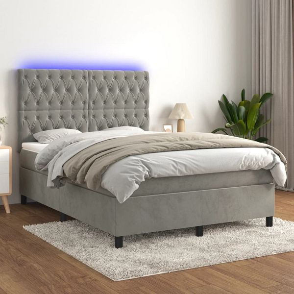 vidaXL Boxspringbett mit Matratze & LED Hellgrau 140x200 cm Samt, 3136305
