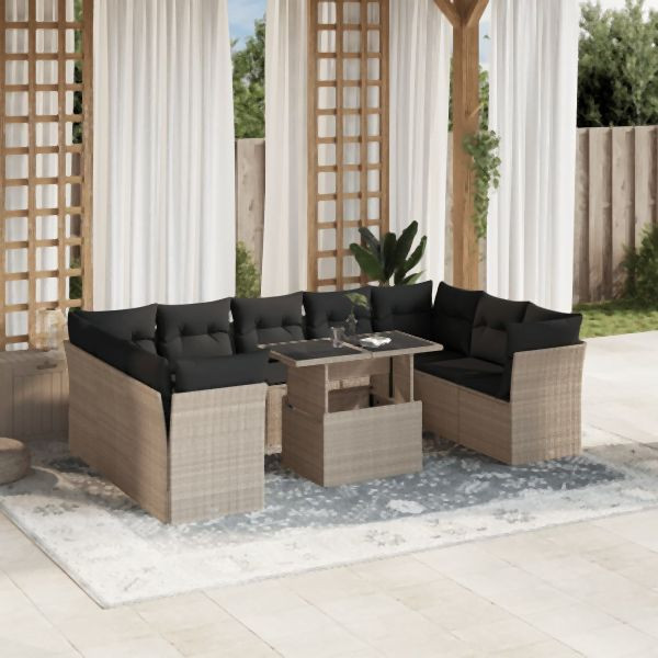 vidaXL 10-tlg. Garten-Sofagarnitur mit Kissen Hellgrau Poly Rattan, 3266822
