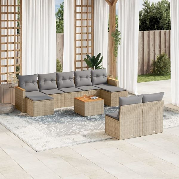 vidaXL 10-teilig Garten-Sofagarnitur mit Kissen Beige Poly Rattan, 3258783