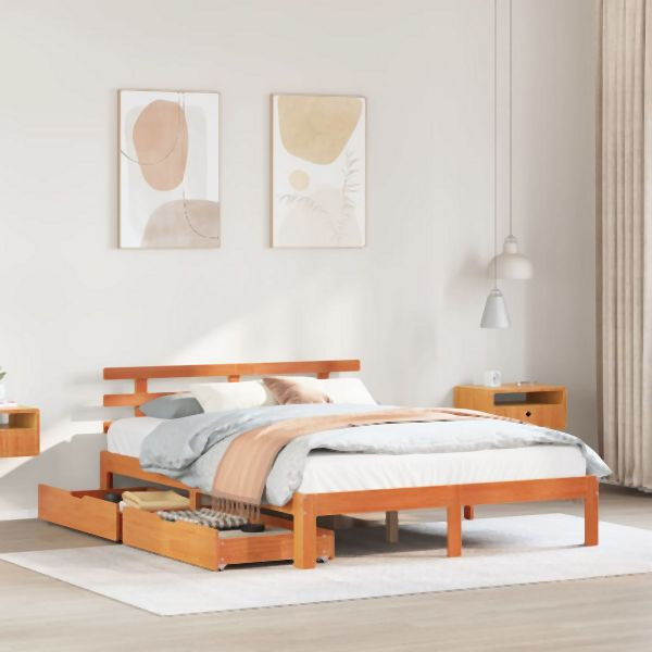 vidaXL Massivholzbett mit Schubladen Wachsbraun 150x200 cm Kiefer, 3302029