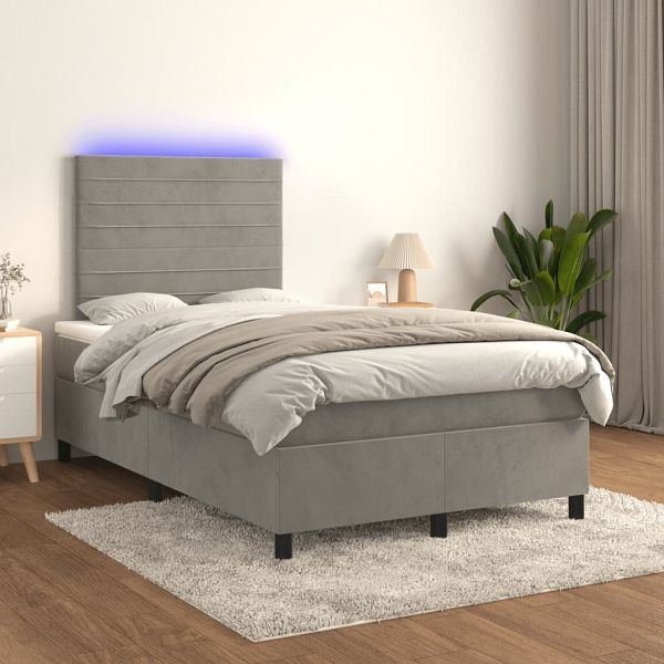 vidaXL Boxspringbett mit Matratze & LED Hellgrau 120x200 cm Samt, 3136173