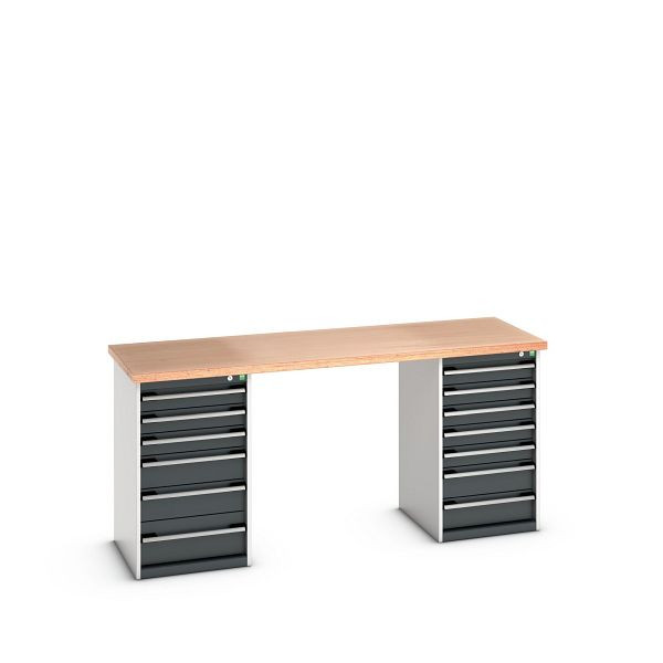 bott cubio Werkbank mit 2 Schubladenschränken 13 Schubladen, Multiplex-Platte, BxTxH: 2000x750x940mm, Multiplex RAL 7035/7016, 41003517.19V