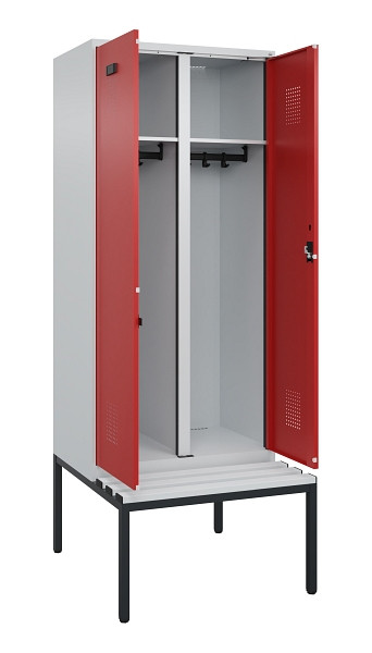 C+P Schwarz-Weiß-Spind Evolo PLUS, Bank, 2 Abteile, 2120x800x815mm, 7035/3000, Zylinderschloss, Sitzfläche Kunststoff, Sitzbank, 0490527-22 S10084