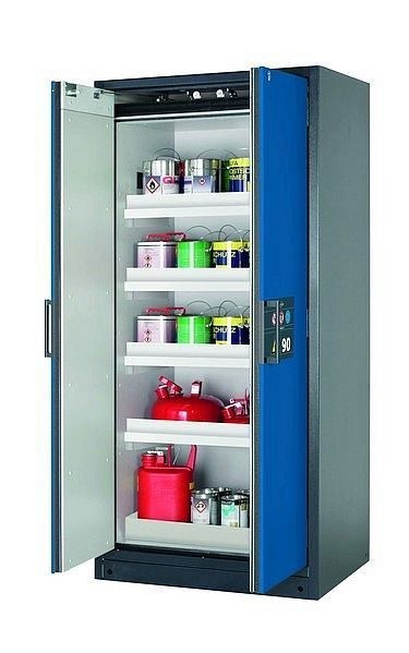 asecos Sicherheitsschrank Q-CLASSIC-90, Q90.195.090 in enzianblau RAL 5010 mit 4x Wannenboden Standard (Polypropylen), 30041-047-30052
