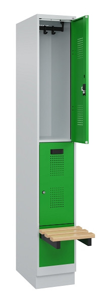 C+P Doppelstock-Spind Evolo PLUS, Bank, 2 Fächer, 1950x300x815mm, 7035/6037, Zylinderschloss, Sitzfläche Buche-Hartholz, mit Sockel, 049340-10 S10038