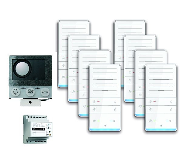 TCS Türkontrollsystem audio:pack Einbau für 8 Wohneinheiten, mit Einbaulautsprecher ASI12000, 8x Freisprecher ISW5031, Steuergerät BVS20, PAIF080/002