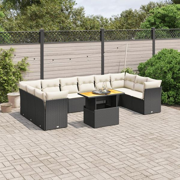 vidaXL 11-teilig Garten-Sofagarnitur mit Kissen Schwarz Poly Rattan, 3271021
