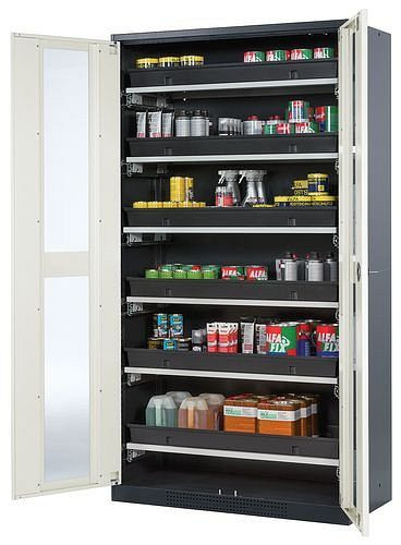 asecos Chemikalienschrank Systema-T CS-106G, Korpus anthrazit, Flügeltüren weiß, 6 Tablarauszüge, 209055