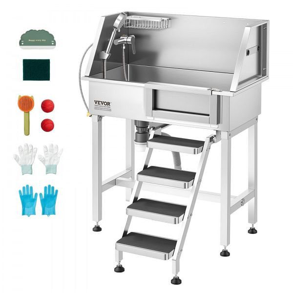 VEVOR Hundewaschstation Edelstahl, 870x488x1118mm, bis 100kg, Schiebetür & Treppe, inkl. Abfluss, Duschkopf, Seifenhalter, BXGCWYG34CZJFJ0C0002V0