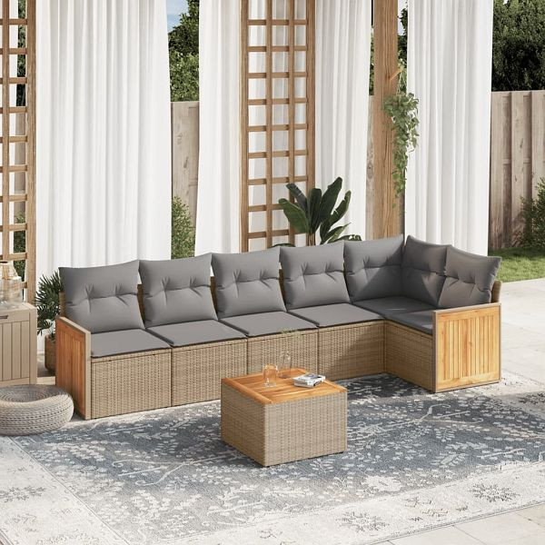 vidaXL 7-teilig Garten-Sofagarnitur mit Kissen Beige Poly Rattan, 3227676