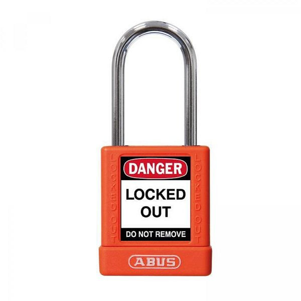 Abus Safety Schloss, 40 mm, Aluminiumkörper kunststoffummantelt, ohne Bügelüberzug, mit Warnaufklebern 74BS/40 orange, VE: 6, 77572 7