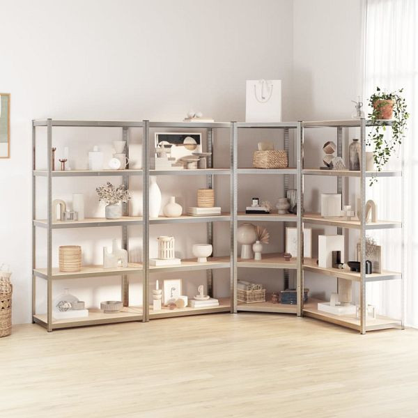 vidaXL Regale mit 5 Böden 4 Stück Silbern Stahl & Holzwerkstoff, 3154220