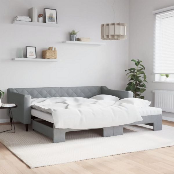 vidaXL Tagesbett Ausziehbar mit Matratze Hellgrau 100x200 cm Stoff, 3197449
