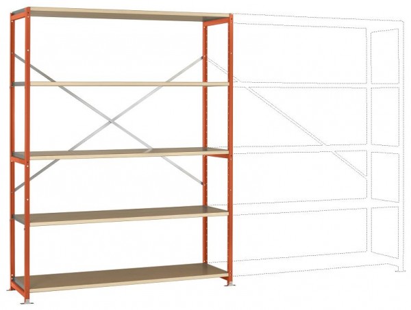 Manuflex Großfach-Steckregal Grundregal mit 5 Holzverbundböden, HxBxT = 2000 x 1530 x 400 mm, rotorange, RP1041.2001