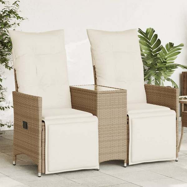 vidaXL Gartensofa 2-Sitzer Verstellbar mit Tisch Beige Poly Rattan, UV-beständig, 365718
