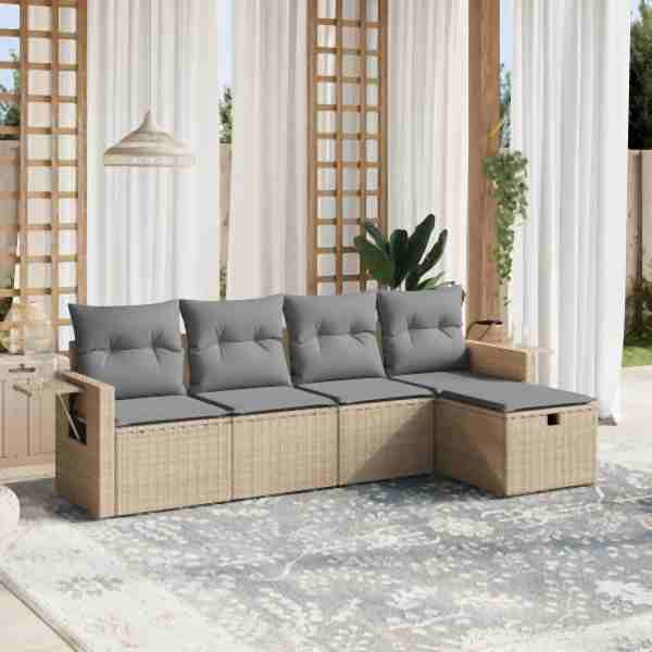vidaXL 5-tlg. Garten-Sofagarnitur mit Kissen Beige Poly Rattan, UV-beständig, 3263775
