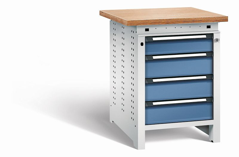 Otto Kind Werkbank Serie function Typ 107, Multiplexplatte, überstehend, 4 Schubladen, mit Zentralverschluss, Gehäuse RAL 7035, Front RAL 5023, 072324264