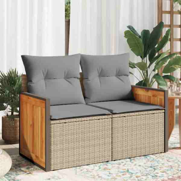 vidaXL Gartensofa mit Kissen 2-Sitzer Beige Poly Rattan, UV-beständig, 366111