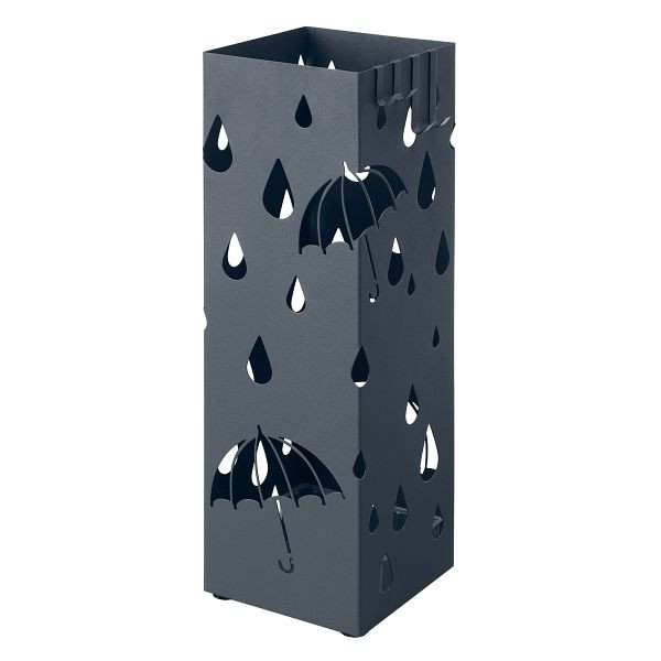 SONGMICS Metall-Regenschirmhalter, quadratischer Schirmhalter mit Tropftablett und 4 Haken, 15,5 x 15,5 x 49 cm, Anthrazitgrau, LUC049G01