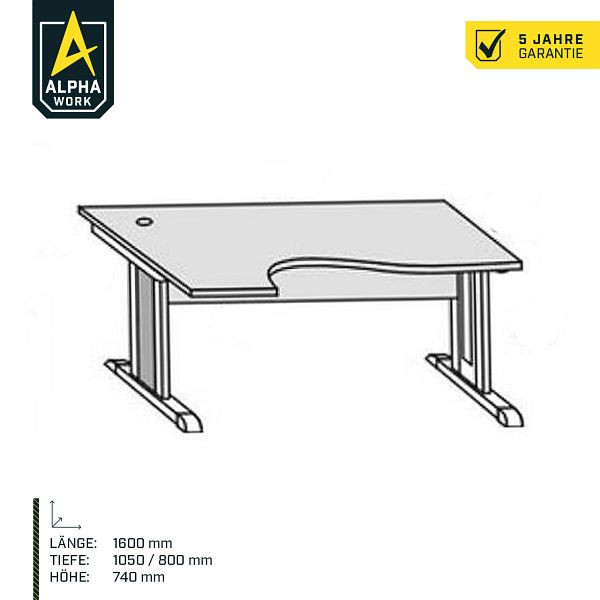 Alpha Work Schreibtisch, 1600 x 740 x 800 / 1050 mm, Dekor Lichtgrau, Gestell Anthrazit, 11546