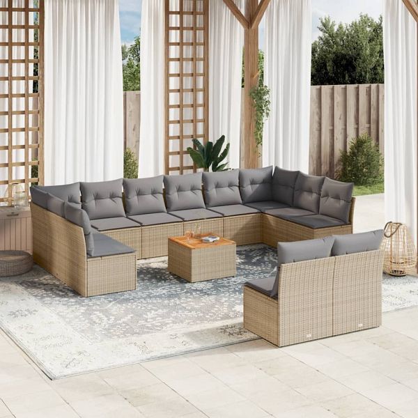 vidaXL 13-teilig Garten-Sofagarnitur mit Kissen Beige Poly Rattan, 3223896