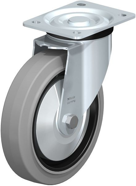 Blickle L-POEV 200KD-SG-FA Stahlblech-Lenkrolle, mittelschwere Ausführung, mit Anschraubplatte, Elastik-Vollgummi, Grau, 749387