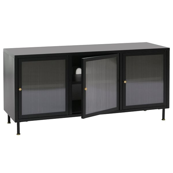 Mendler TV-Rack HWC-O87, Lowboard TV-Schrank Sideboard Türen Staufächer Industrial Metall Schilfglas 58x120x40cm, schwarz, 139439+139440