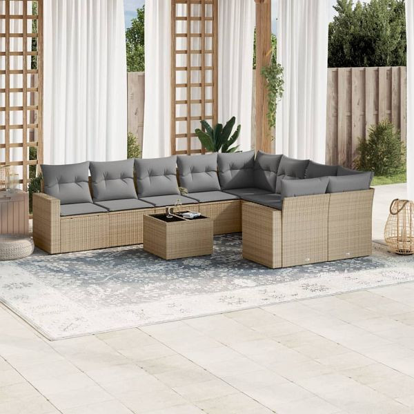 vidaXL 10-teilig Garten-Sofagarnitur mit Kissen Beige Poly Rattan, 3219439