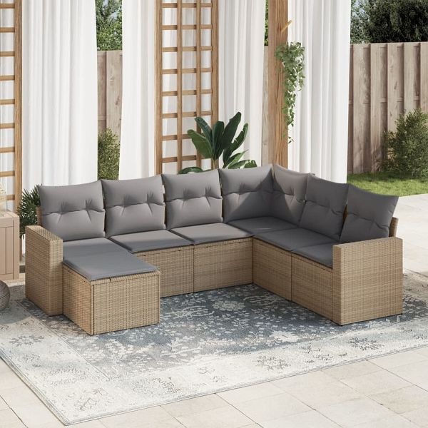 vidaXL 7-teilig Garten-Sofagarnitur mit Kissen Beige Poly Rattan, 3219289