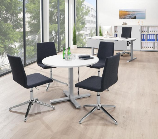 Deskin Sitz-/ Stehtisch MODUL elektromotorisch, höhenverstellbar, Platte Dekor Weiß, Gestell Alusilber, Durchmesser 1000 mm, H715 - 1205 mm, 294747