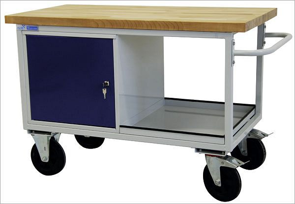 ADB Tischwagen mit 1 Stahlblechschrank, 840x1300x600 mm, Farbe Tischwagen: lichtgrau, RAL 7035, Farbe Tür/Schubladen: Lichtblau (RAL 5012), 42743