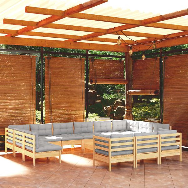 vidaXL 14-teilig Garten-Lounge-Set mit Grauen Kissen Kiefernholz, 3097288