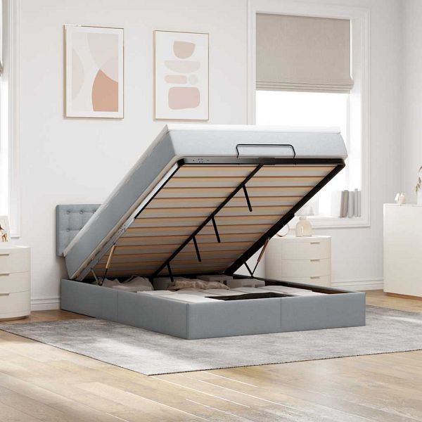 vidaXL Ottoman-Bett mit Matratze & LEDs Hellgrau 140x200 cm Stoff, 3312478
