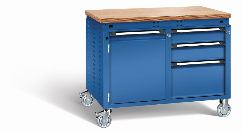 Otto Kind Werkbank Serie function Typ 252 fahrbar, Multiplexplatte 40 mm, bündig, 2x Unterbau, komplett RAL 5010, 072383113