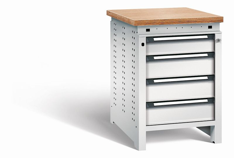 Otto Kind Werkbank Serie function Typ 107, Multiplexplatte, bündig, 4 Schubladen, mit Zentralverschluss, komplett RAL 7035, 072324117