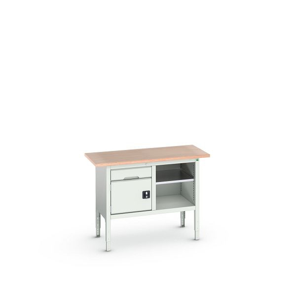 bott verso Kastenwerkbank (Multiplex-Platte) mit 1 Schublade, 1 Tür und Ablageboden, BxTxH: 1250 x 600 x 830 - 930 mm, Lichtgrau / Lichtgrau, 16923000.16