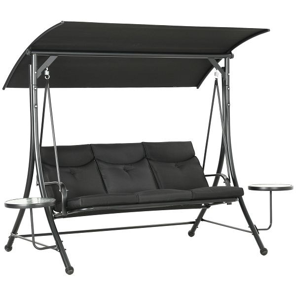 Outsunny Hollywoodschaukel, Schaukelbank, 3-Sitzer Gartenschaukel mit verstellbarem Sonnendach, 278 x 135 x 177 cm, Schwarz, 84A-162V01BK