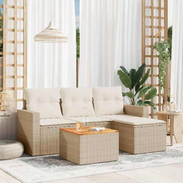 vidaXL 5-tlg. Garten-Sofagarnitur mit Kissen Beige Poly Rattan, 3256422