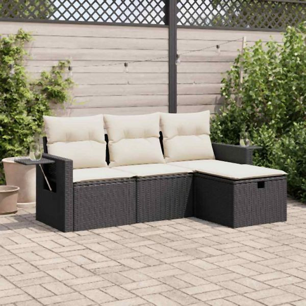 vidaXL 4-tlg. Garten-Sofagarnitur mit Kissen Schwarz Poly Rattan, 3325452