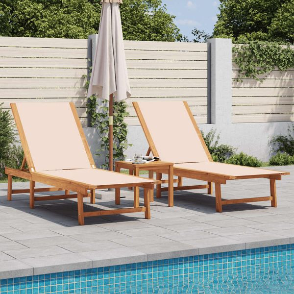 vidaXL Sonnenliegen 2 Stück mit Tisch Creme Massivholz Akazie Textilene, 3279252
